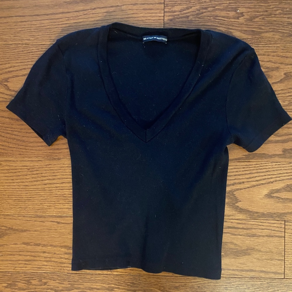 Brandy Melville Navy Blue V-Neck Crop Top T-Shirt